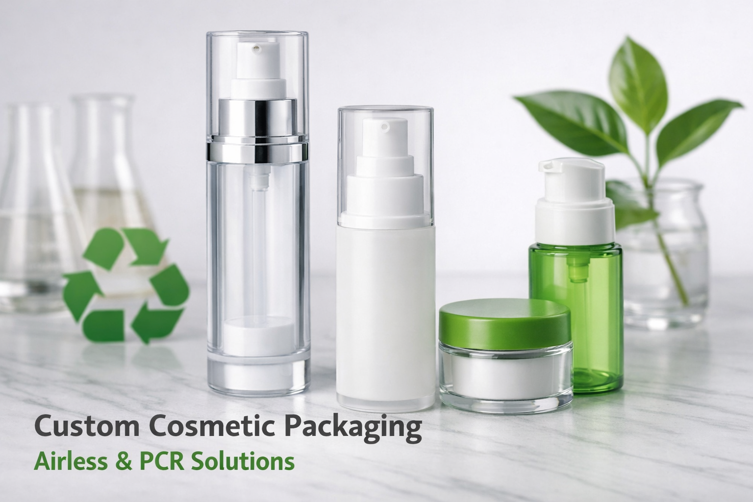 Custom cosmetic packaging featuring airless bottles and PCR skincare containers for sustainable beauty brands