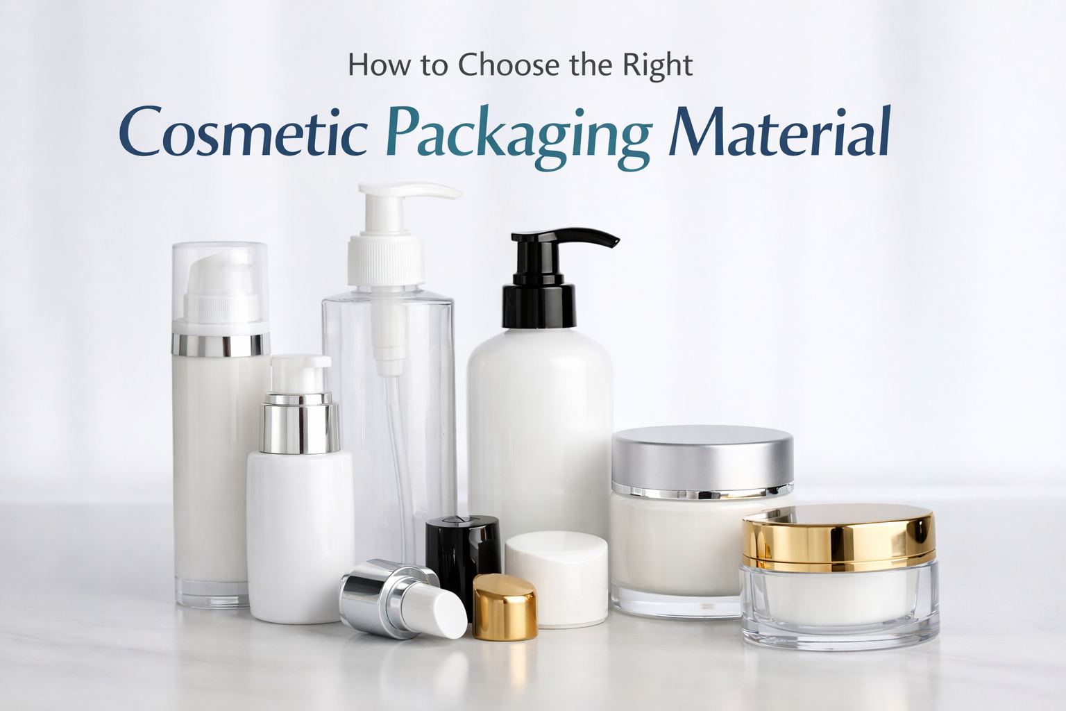 Cosmetic packaging materials including airless bottles, lotion bottles, cream jars, pumps, and caps used for skincare packaging selection
