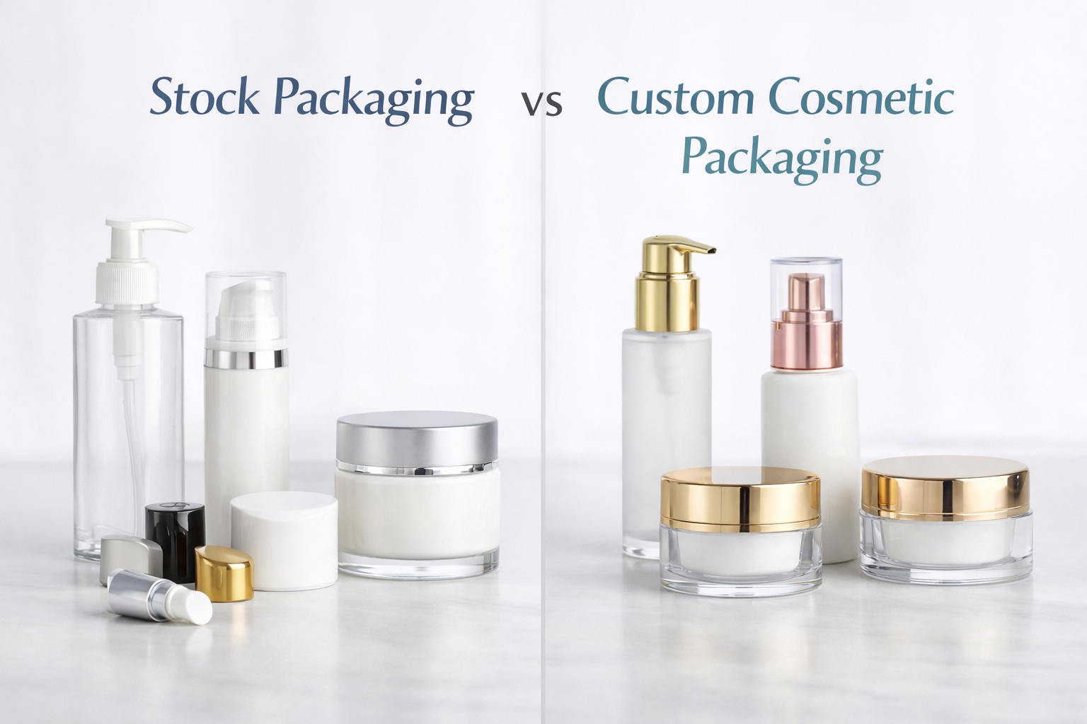 Comparison of stock packaging and custom cosmetic packaging with bottles, jars, pumps, and caps for skincare and beauty brands