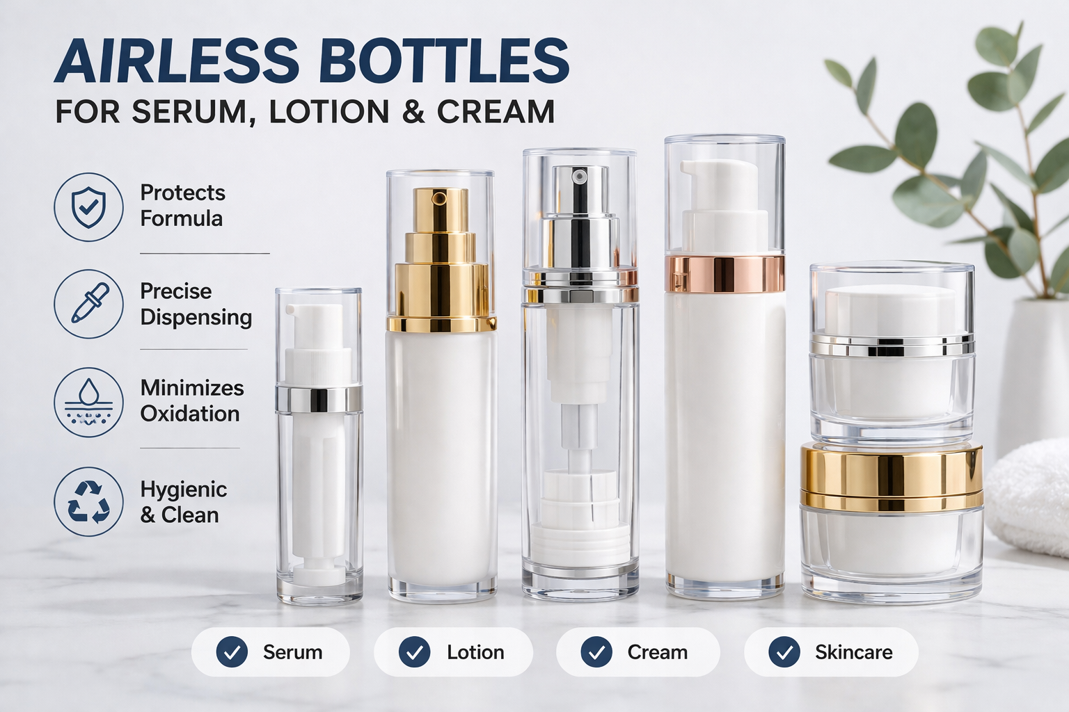 Airless bottles for serum, lotion, and cream with pump systems for skincare packaging