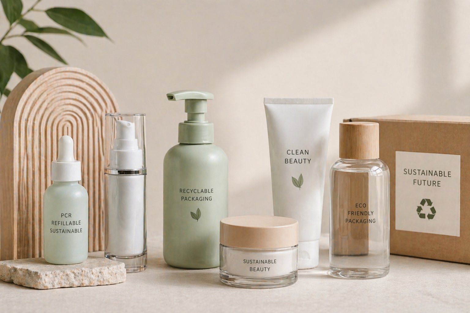 sustainable cosmetic packaging with airless bottles and recyclable skincare containers