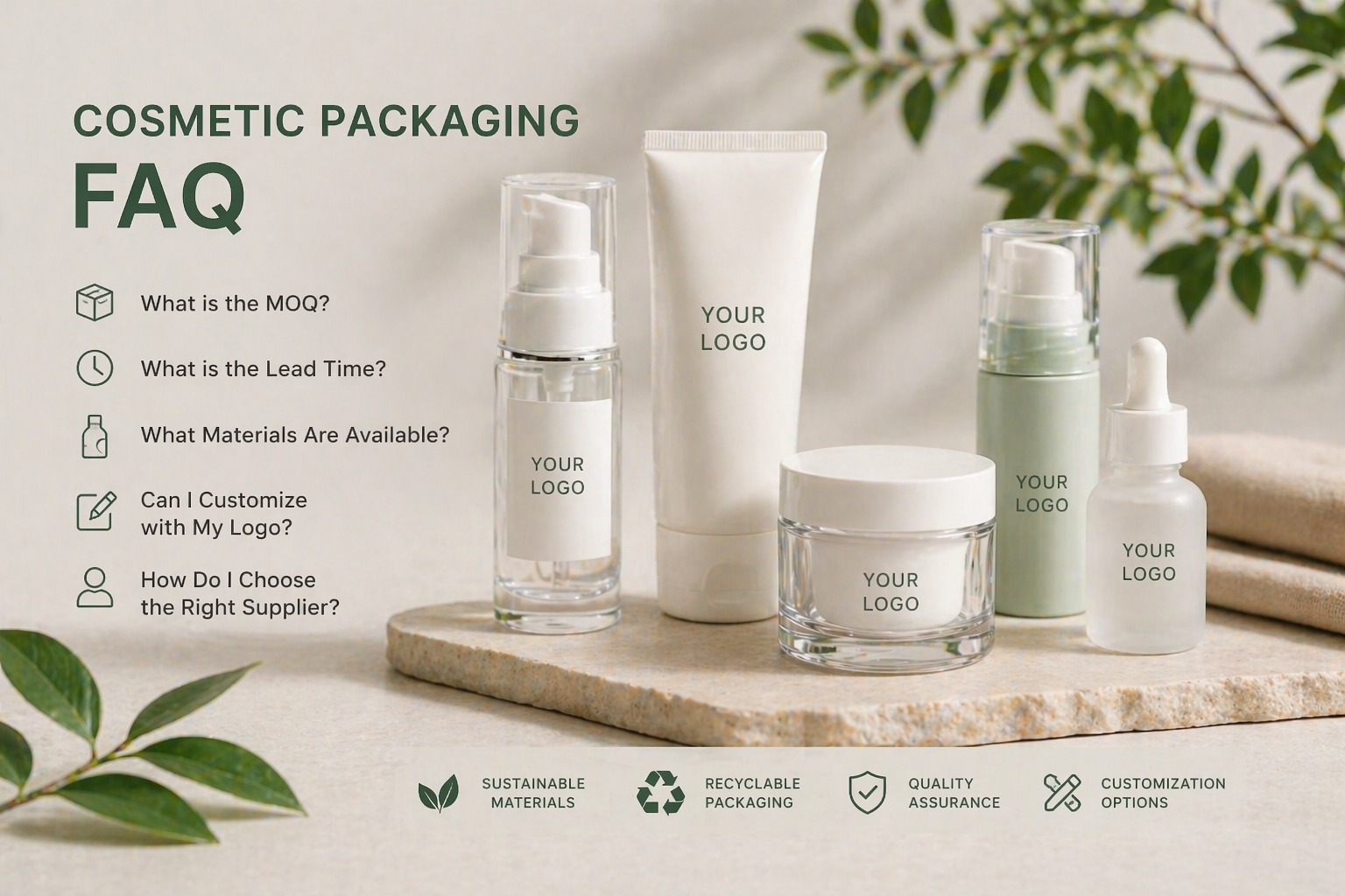 cosmetic packaging FAQ with skincare bottles jars and custom logo solutions