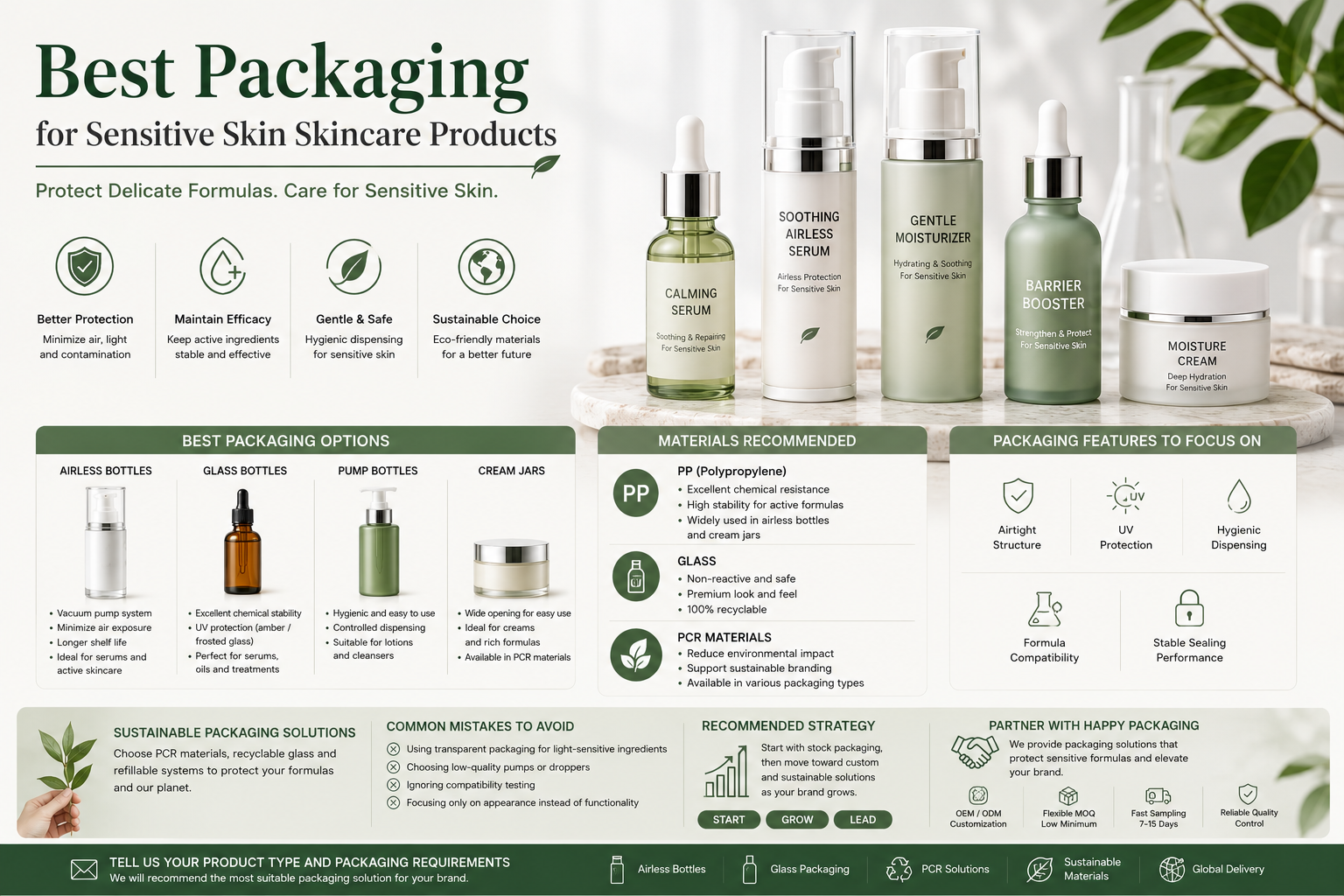 sensitive skincare packaging with airless bottles and serum containersg